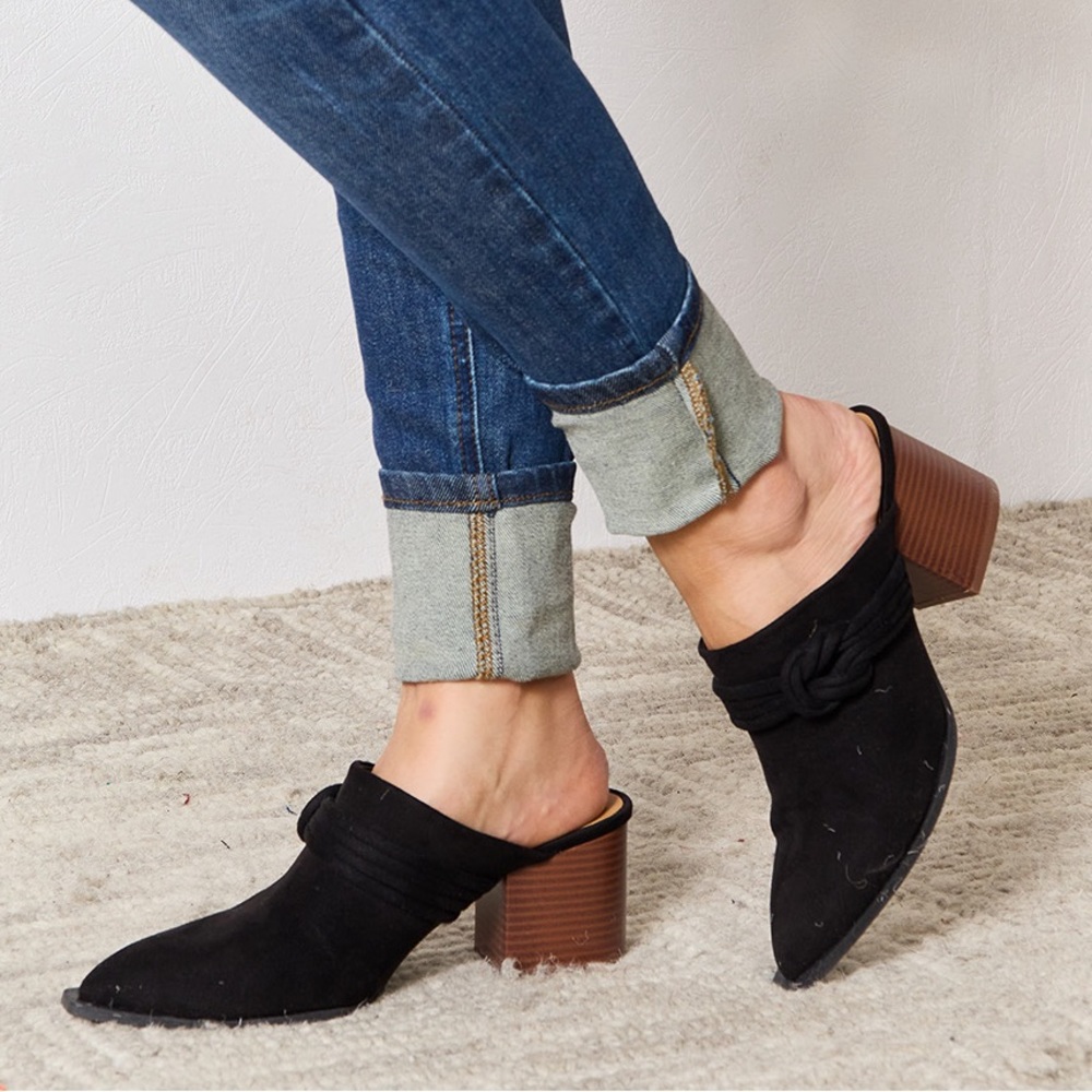 Black Suede Mules with Wooden Heel